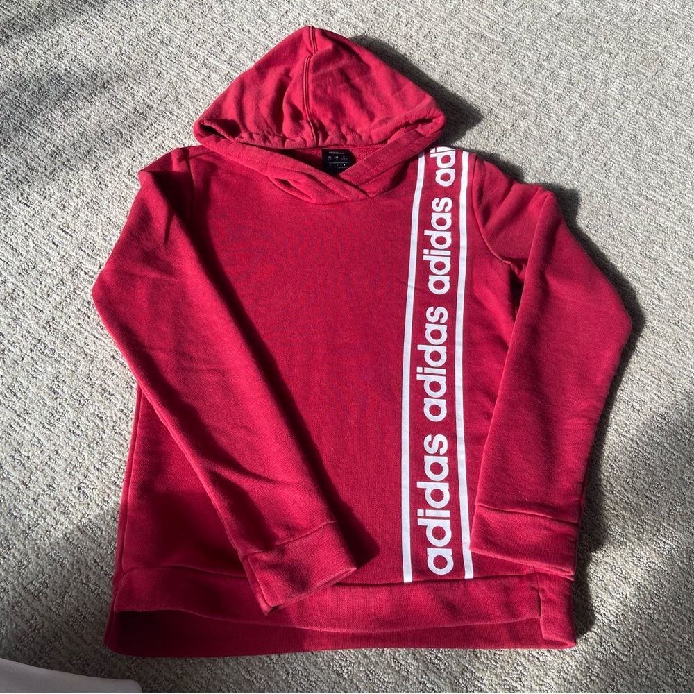 Adidas Hoodie Women XS Red White Sweatshirt Sweater Spell Out Ladies Gym